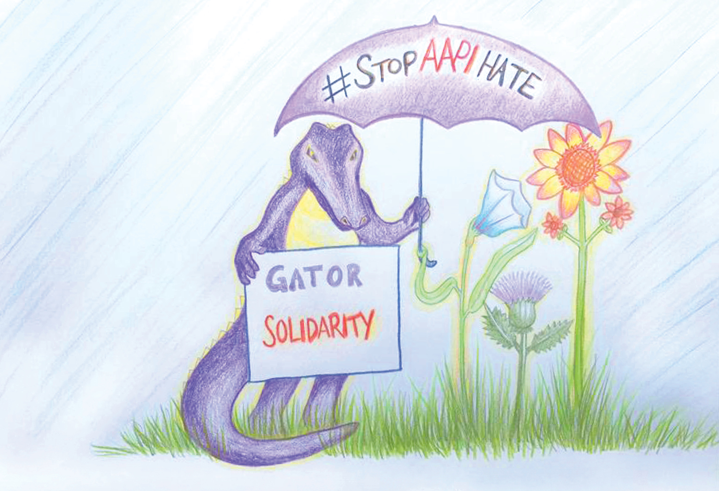 Gator holding a Gator Solidarity sign hand drawn artwork by Wei Ming