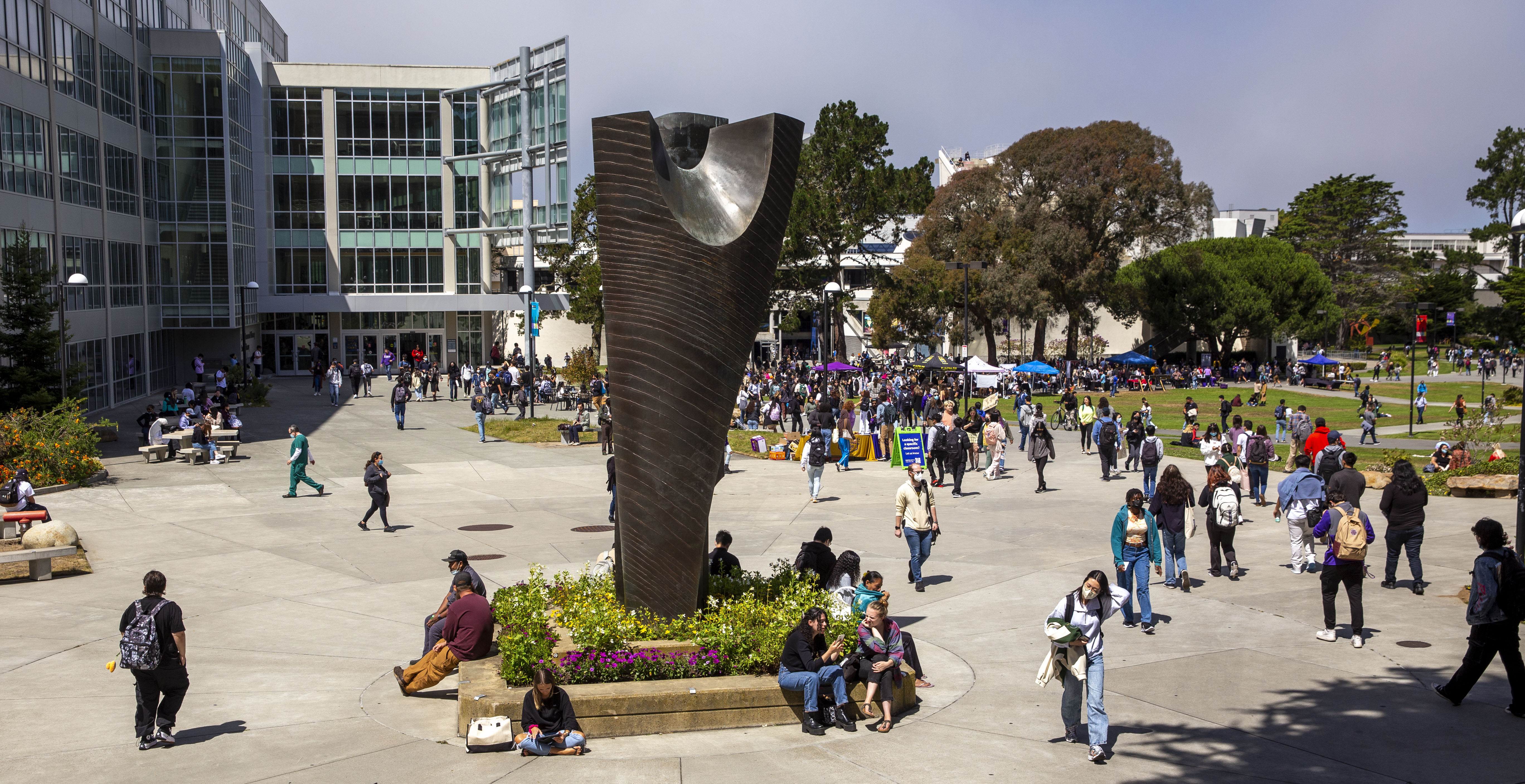 view of J. Paul Leonard Library and Sculpture from outside arial view