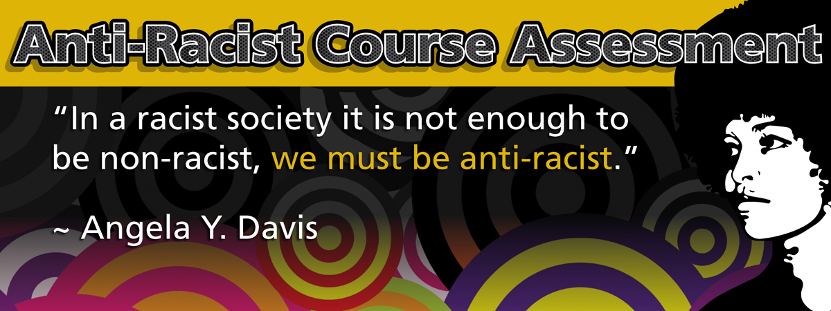 Anti-Racisms banner with artwork of colored circles and a black and white vector image of Angela Y. Davis. Quote “In a racist society it is not enough to be non-racist, we must be anti-racist.”  