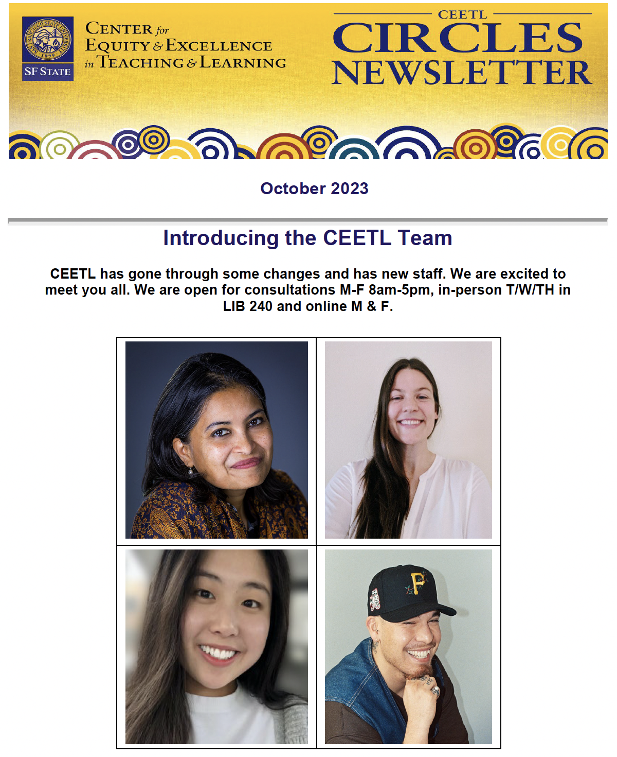 CEETL Newsletter Oct 2023 with Anoshua Chaudhuri, et. al. member headshots